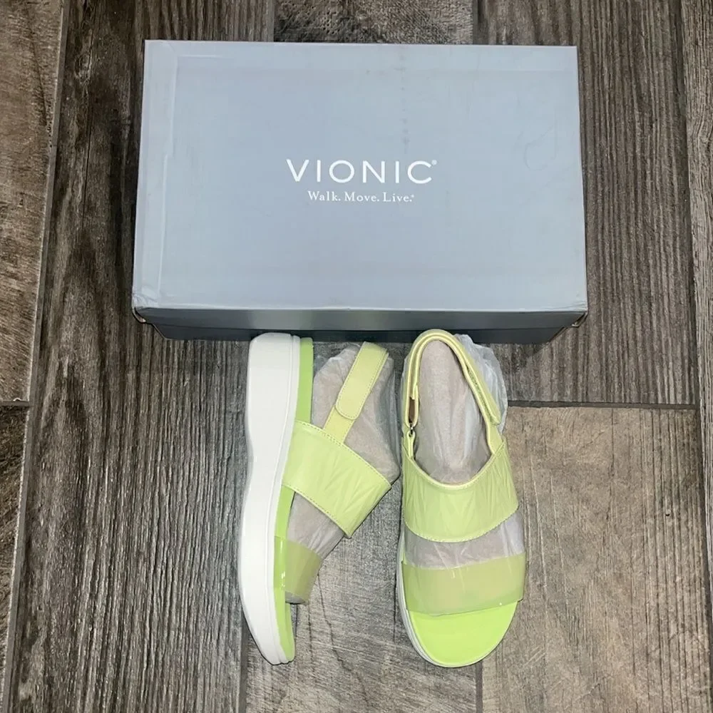 Nwt Vionic “Karleen”lime green leather & transparent platform sandals.